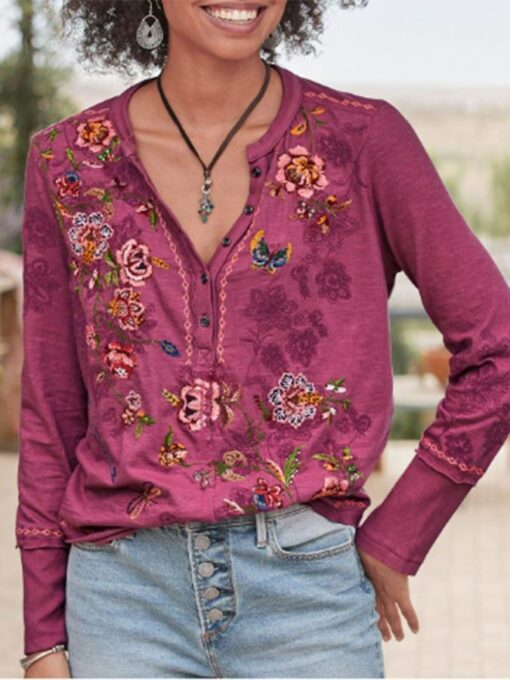 Fashion Print V-neck Long-sleeved Loose All-match Shirt - Image 2