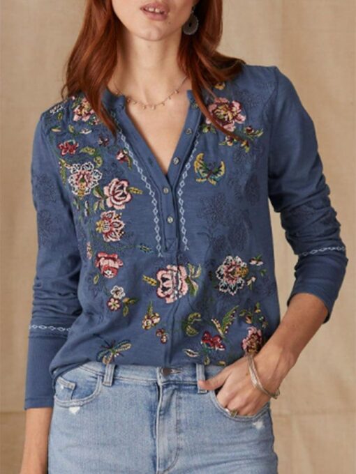 Fashion Print V-neck Long-sleeved Loose All-match Shirt - Image 3