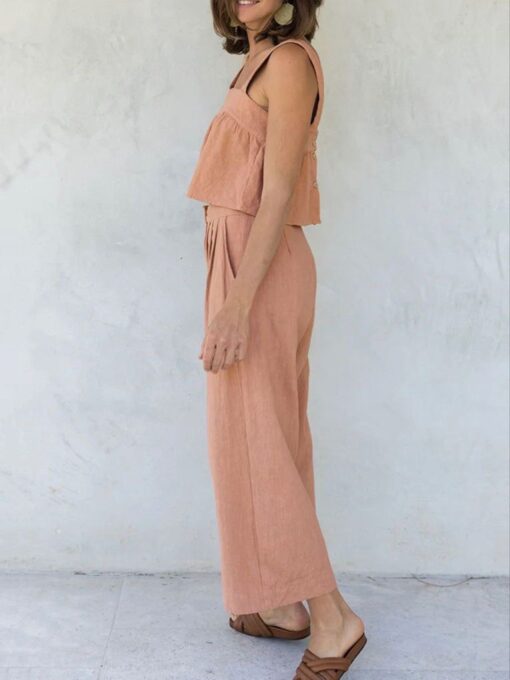 Square Neck Sleeveless Button Crop Tank Top and Elastic Wide Leg Pants Set - Image 2