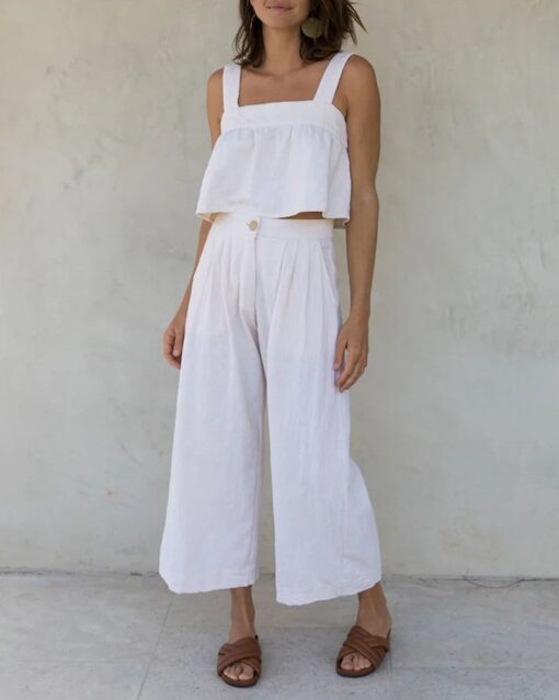 Square Neck Sleeveless Button Crop Tank Top and Elastic Wide Leg Pants Set - Image 3