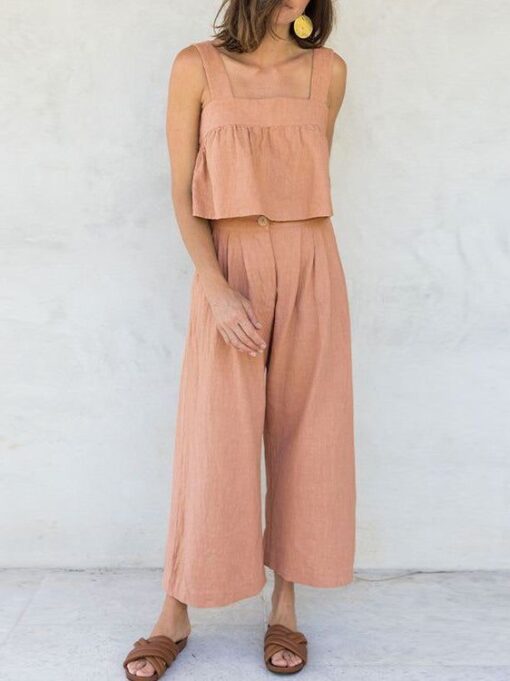 Square Neck Sleeveless Button Crop Tank Top and Elastic Wide Leg Pants Set - Image 6