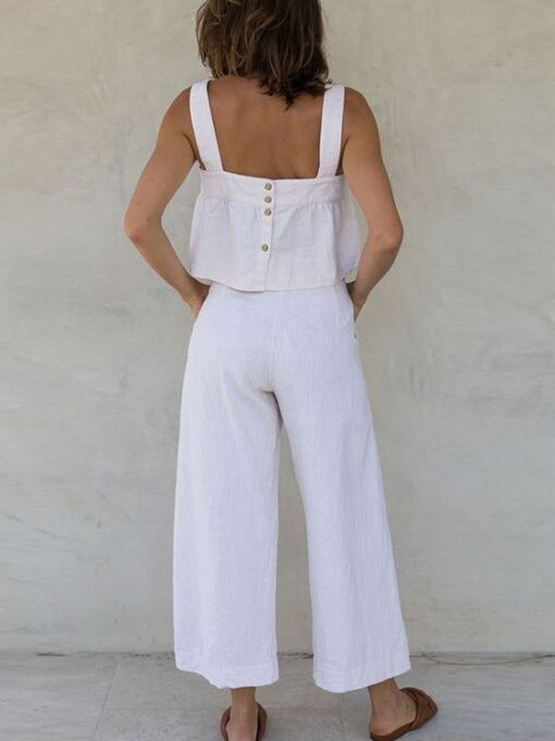 Square Neck Sleeveless Button Crop Tank Top and Elastic Wide Leg Pants Set - Image 4