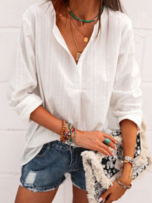 V-Neck Striped Cotton And Linen Shirt