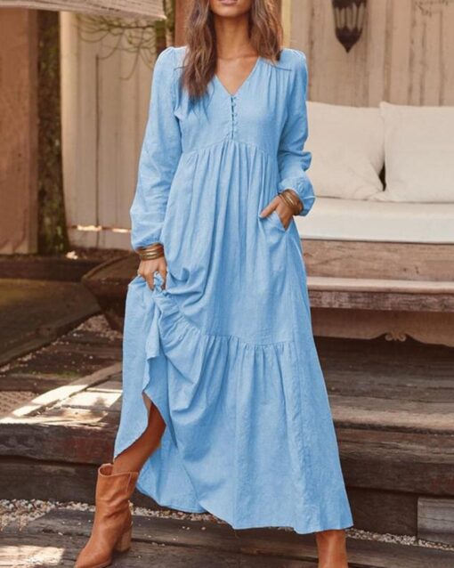 Buttoned Cotton and Linen Retro Casual Long-sleeved Dress - Image 4