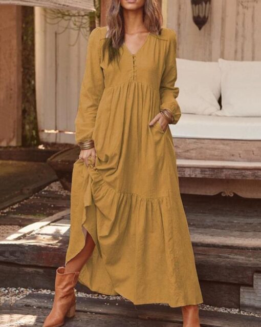 Buttoned Cotton and Linen Retro Casual Long-sleeved Dress - Image 2