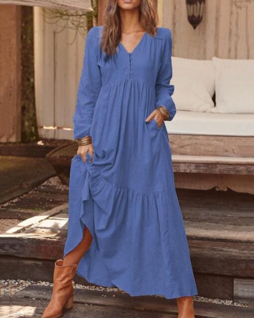 Buttoned Cotton and Linen Retro Casual Long-sleeved Dress - Image 5