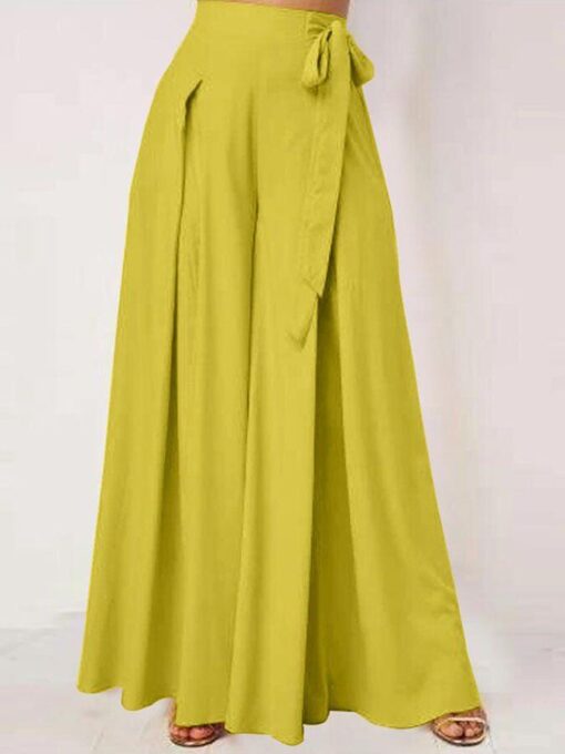 Solid Color Lace-Up Wide-Leg Pants