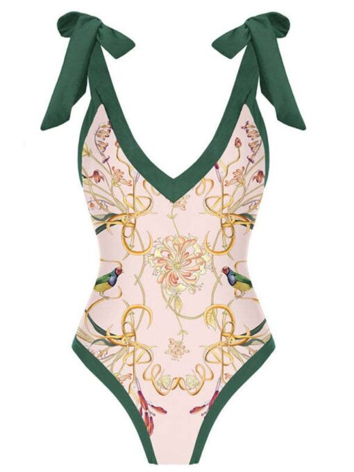 Retro Print Stitching Skinny Strappy One-piece Bikini - Image 2