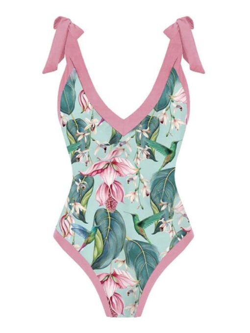 Retro Print Stitching Skinny Strappy One-piece Bikini - Image 3