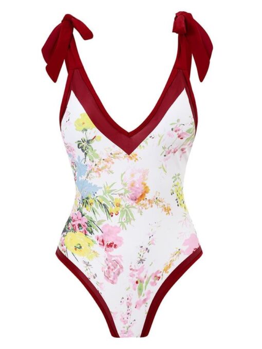 Retro Print Stitching Skinny Strappy One-piece Bikini - Image 4