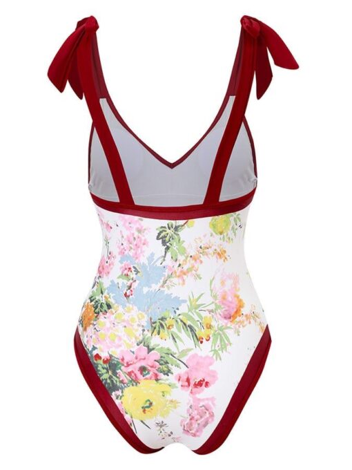 Retro Print Stitching Skinny Strappy One-piece Bikini - Image 10