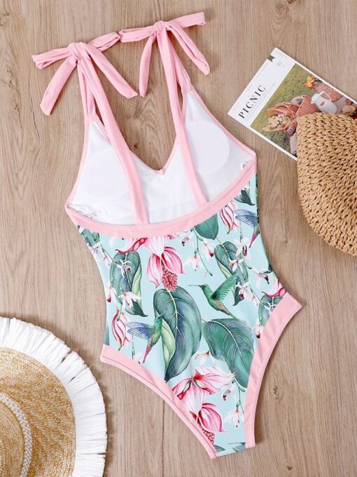 Retro Print Stitching Skinny Strappy One-piece Bikini - Image 13