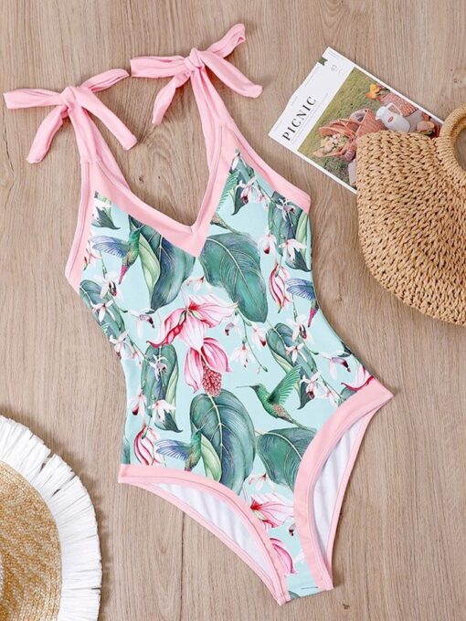 Retro Print Stitching Skinny Strappy One-piece Bikini - Image 12