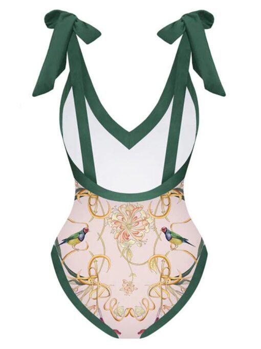 Retro Print Stitching Skinny Strappy One-piece Bikini - Image 16