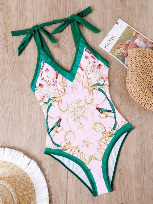 Retro Print Stitching Skinny Strappy One-piece Bikini - Image 17