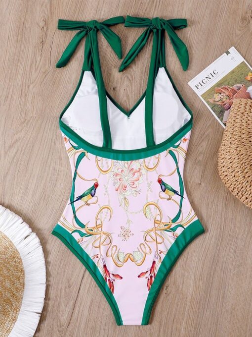 Retro Print Stitching Skinny Strappy One-piece Bikini - Image 20