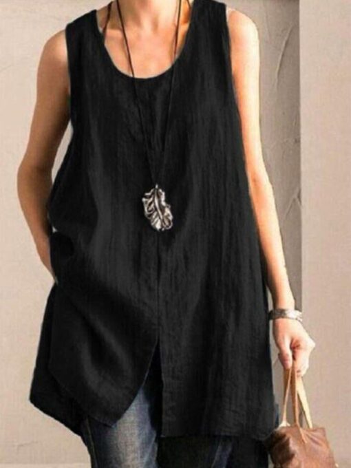 Ladies Cotton Linen Sleeveless Vest Casual Top - Image 2