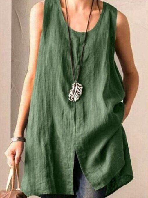 Ladies Cotton Linen Sleeveless Vest Casual Top - Image 3