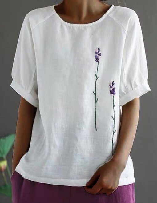 Women's Vintage Embroidery Cotton linen Round Neck Short Sleeve T-shirt - Image 4