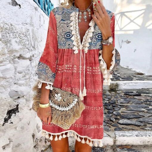 Bohemian Tassel Drawstring Autumn Red Mini Dress - Image 4