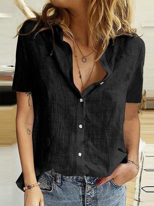 Women's Casual Elegant Solid Color Slub Cotton Shirt - Image 5