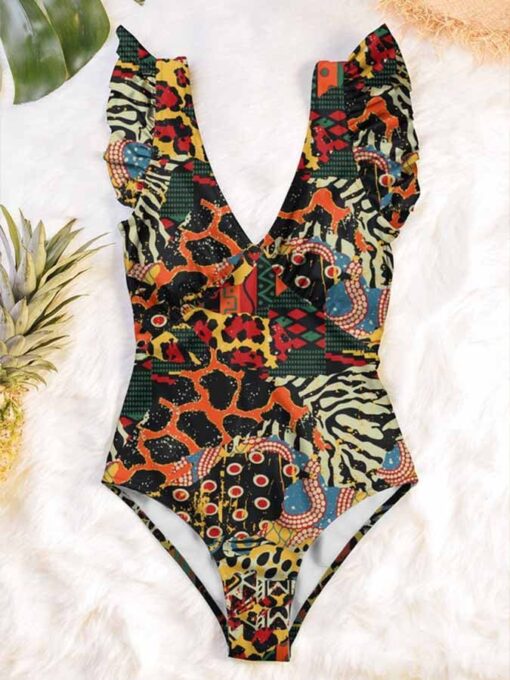 Deep V Colorblock Print Ruffle Open Back One-Piece Swimsuit - Image 3