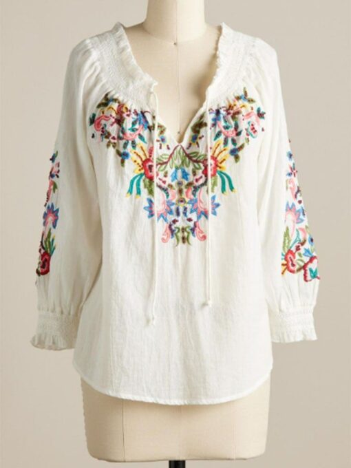 Polyester Holiday Style Printed V-neck Lantern Sleeve Loose Women's Top - Image 2