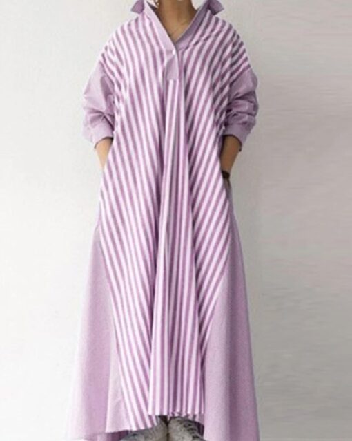 Splicing Striped Shirt Dress - Image 4