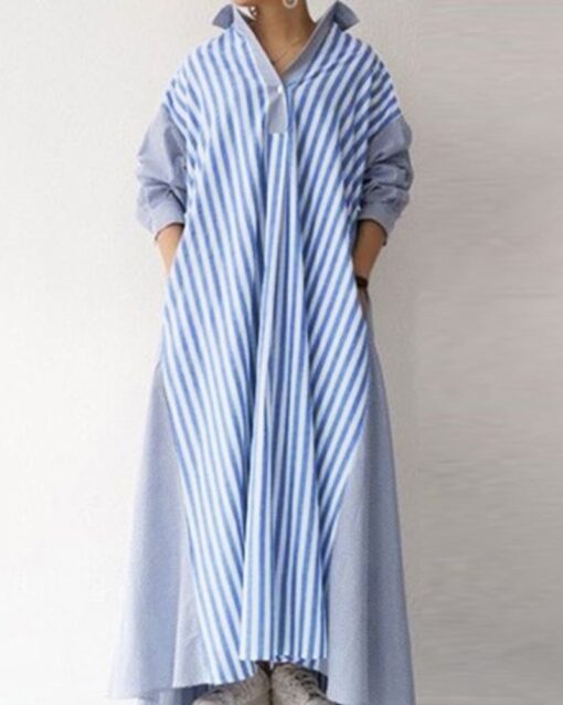 Splicing Striped Shirt Dress - Image 3