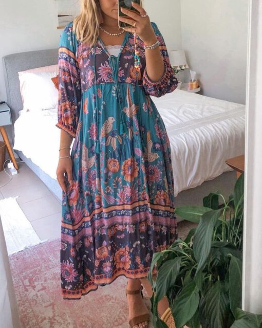 V-neck Bohemian Print Loose Dress