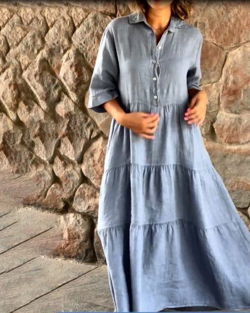 Cotton Linen Lapel Maxi Dress - Image 2