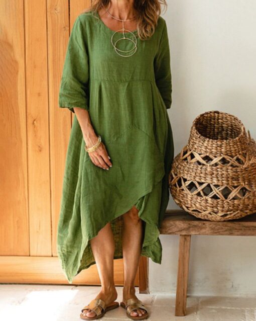 Cotton Linen Three-quarter Sleeve Loose Dress - Image 2