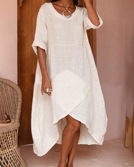 Cotton Linen Three-quarter Sleeve Loose Dress