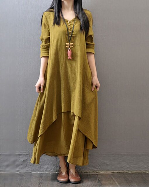 Fake Two Pieces Loose Cotton Linen Dress - Image 3