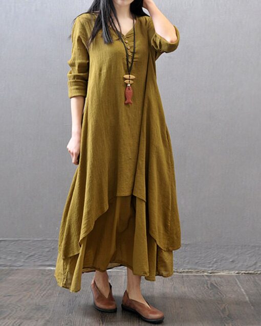 Fake Two Pieces Loose Cotton Linen Dress - Image 4