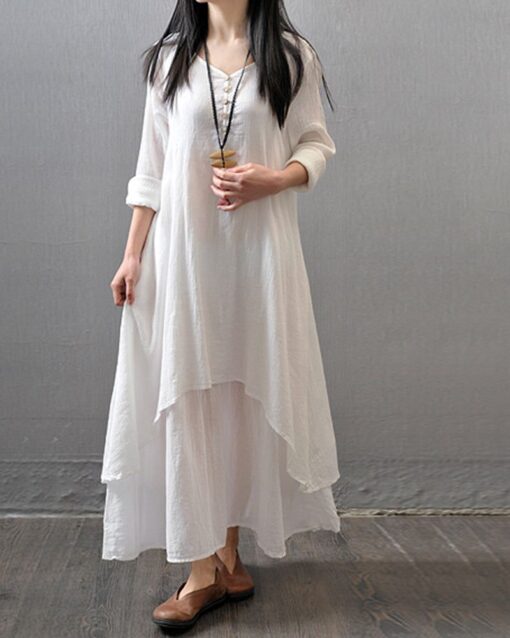 Fake Two Pieces Loose Cotton Linen Dress