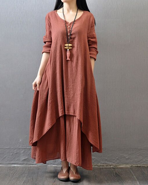 Fake Two Pieces Loose Cotton Linen Dress - Image 5