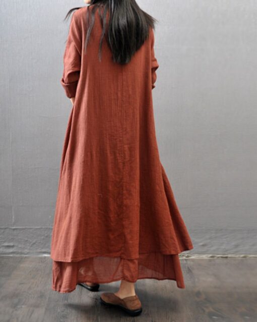 Fake Two Pieces Loose Cotton Linen Dress - Image 7