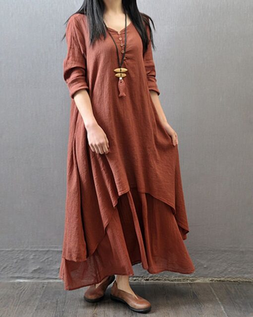 Fake Two Pieces Loose Cotton Linen Dress - Image 6