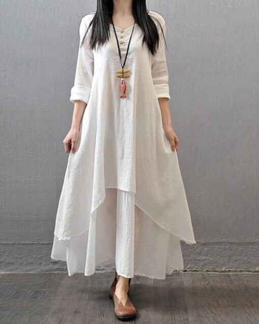 Fake Two Pieces Loose Cotton Linen Dress - Image 9