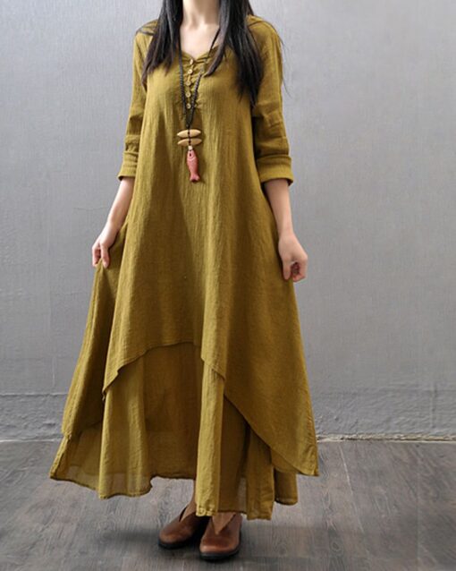 Fake Two Pieces Loose Cotton Linen Dress - Image 11