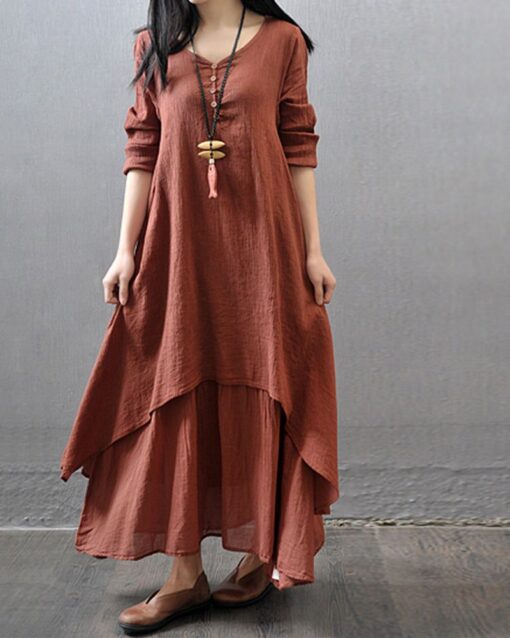 Fake Two Pieces Loose Cotton Linen Dress - Image 10