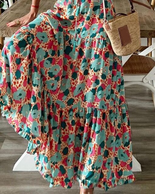 Fashion V-Neck Long Sleeve Print Loose Dress