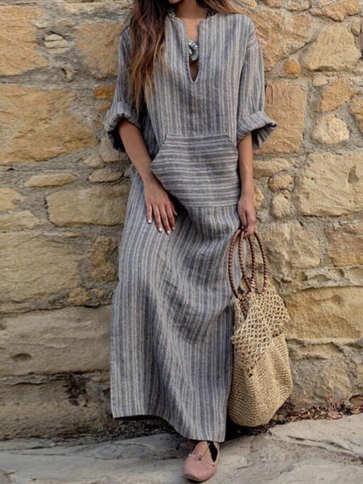 Ladies cotton and linen yarn-dyed striped loose dress - Image 2