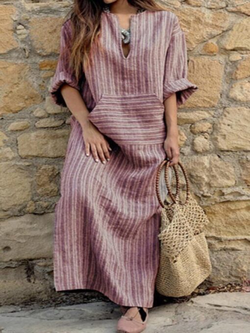 Ladies cotton and linen yarn-dyed striped loose dress - Image 6