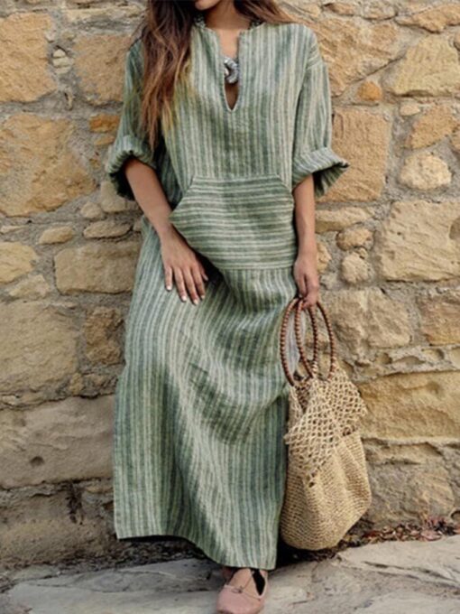 Ladies cotton and linen yarn-dyed striped loose dress - Image 4