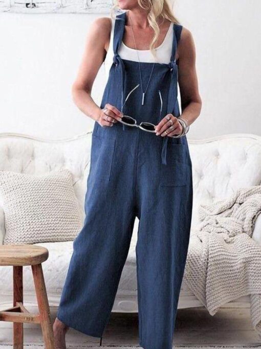 Ladies Cotton Linen Casual Loose Jumpsuit - Image 2