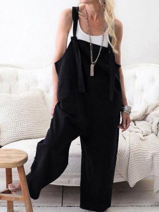 Ladies Cotton Linen Casual Loose Jumpsuit - Image 3