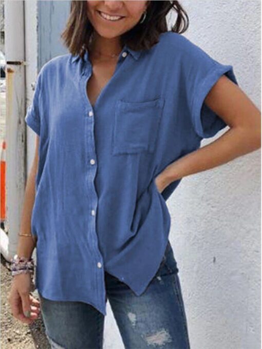 Ladies Cotton Linen Short Sleeve Retro Casual Simple Shirt - Image 2