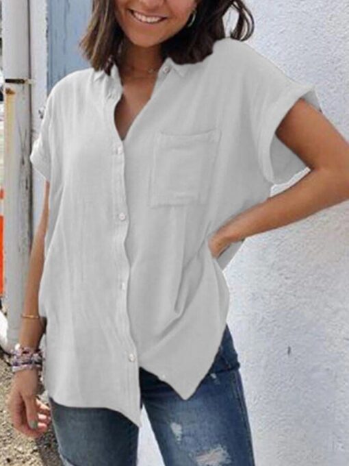 Ladies Cotton Linen Short Sleeve Retro Casual Simple Shirt